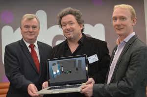 John Fillwalk (centre), Director of the acclaimed Institute for Digital Intermedia Arts at Ball State University in Indiana, delivered a two-day workshop on the potential of interactive and virtual technologies to help transform rural learning in Northern Ireland. Mr Fillwalk is pictured with Malachy McAleer, Director SWC; and Mark Jenkins, Mandatory Training and e-Learning at the Western Health and Social Care Trust.