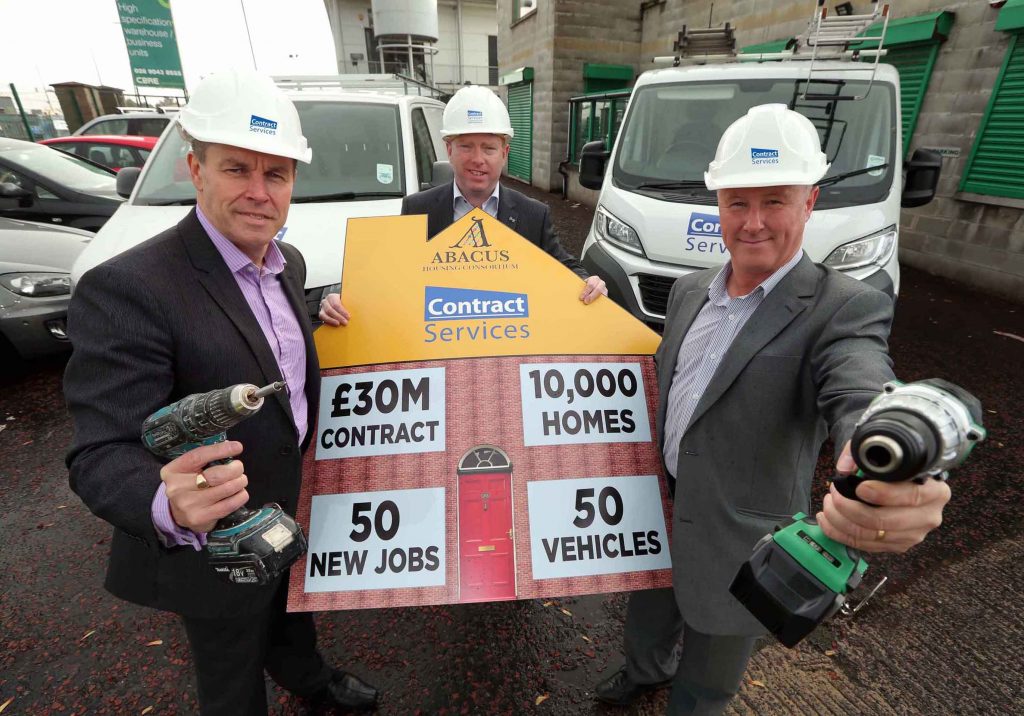 Rory McNaughton (centre), Danny McLean (right) and Paul Kane (left) of Belfast-based installation and maintenance company Contract Services have announced the creation of up to 50 new jobs in Northern Ireland after securing a £30 MILLION contract from the Abacus Housing Consortium, 