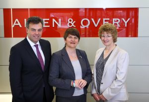 Enterprise, Trade and Investment Minister Arlene Foster is pictured with Jane Townsend, Head of Allen & Overy's Legal Services Centre, and Invest NI Chief Executive Alastair Hamilton. PIC: WILLIAM CHERRY/PRESSEYE