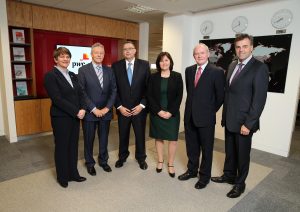 Peter Robinson and Martin McGuinness are pictured with Enterprise, Trade and Investment Minister Arlene Foster, Paul Terrington, PwC Regional Chairman, Stephanie Hyde, PwC Head of Regions and Chief Executive of Invest NI, Alastair Hamilton.