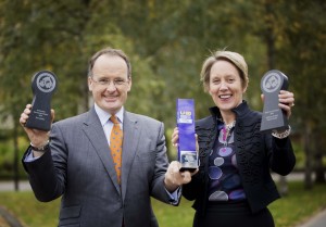 NITB chairman Howard Hastings and Chief Operating Officer Kathryn Thomson celebrate winning the NI Travel and Tourism award for Best Tourist Board along with two additional awards for delivery of the Giro dItalia.