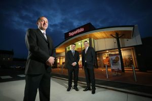 New SuperValu store in Crossgar, Co. Down. Local businessman and owner Gabriel Bell (pictured front) officially opened the store to the public today, Tuesday 30th September, alongside Musgrave Retail Partners (MRPNI) which supports the independent retail group SuperValu. Pictured with Gabriel are MRPNI Acting Managing Director Damian McCarney and SuperValu Sales Director Nigel Maxwell.