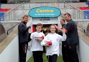  Pictured at the announcement are Ulster Rugby stars Ruan Pienaar, Roger Wilson and Franco van der Merwe with young fans Adam Stafford and Amy-Lee Forrest. PIC: DARREN KIDD/PRESSEYE