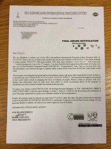 The 'FIFA' Lottery fraud letter currently in circulation