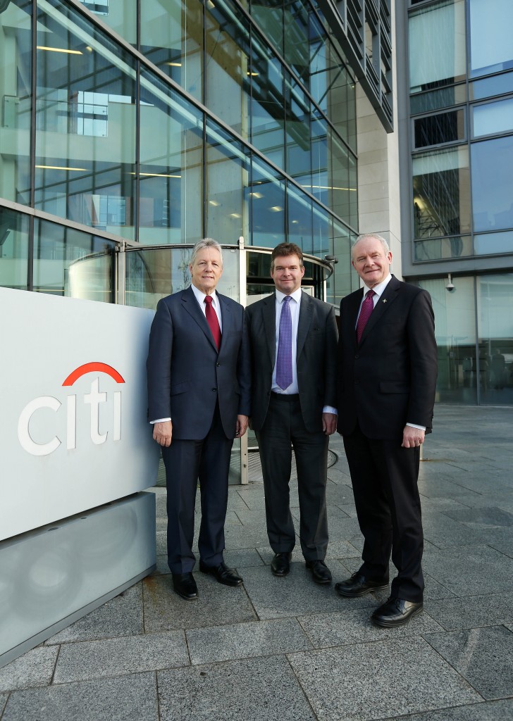 First Minister Peter Robinson and deputy First Minister Martin McGuinness are pictured with James Bardrick, Citi Country Officer, United Kingdom. Picture by Kelvin Boyes / Press Eye.