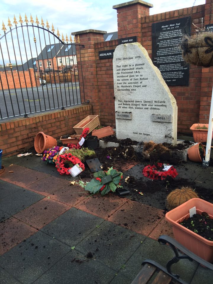 Thugs smash up plant pots in a memorial garden to two IRA murder victims in east Belfast
