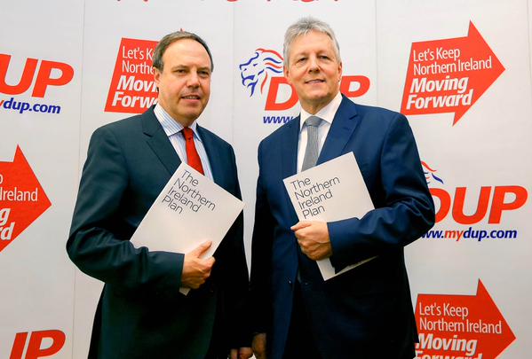 DUP leader Peter Robinson and his deputy Nigel Dodds launching its 2015 party manifesto