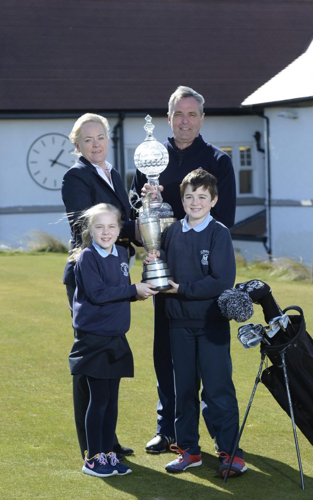 PRIZE PUPILS:  Katie Curran and Daniel Jennings from St MaryÕs Primary School in Newcastle joined Antonia Beggs from The European Tour and Kevan Whitson, Head Golf Professional at Royal County Down, to launch the first ever Irish Open Trophy Tour competition which will give four lucky schools across the island of Ireland an historic opportunity to host a visit not only from the Dubai Duty Free Irish Open Trophy BUT ALSO the world famous ÔClaret JugÕ, 