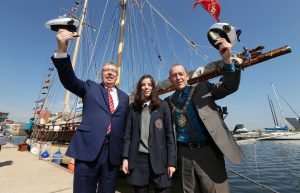 Lord Mayor of Belfast, Councillor Arder Carson is pictured with Dr Gerard O’Hare, Chairman of Belfast Tall Ships Ltd and ship trainee Aine Wills. PIC: KELVIN BOYES/ PRESSEYE