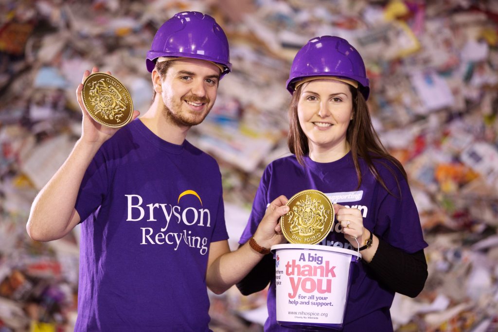 Declan Reynolds from Bryson Recycling and Eva Toil from the NI Hospice announce the fundraising total of £6482 from the annual £1 a tonne’ campaign, which will go towards the Hospice rebuild at Somerton Road, in Belfast.