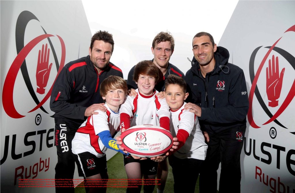 lster Rugby stars Jared Payne, Andrew Trimble and Ruan Pienaar get ready to pass some expert advice on to young players Joe McDermott, Dylan McDermott and Charlie Adams as they kick-off this year’s Centra Ulster Rugby Summer Camps.