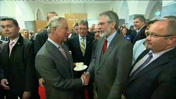 Prince Charles and Gerry Adams shake hands and exchange pleasantries at a meeting in Galway
