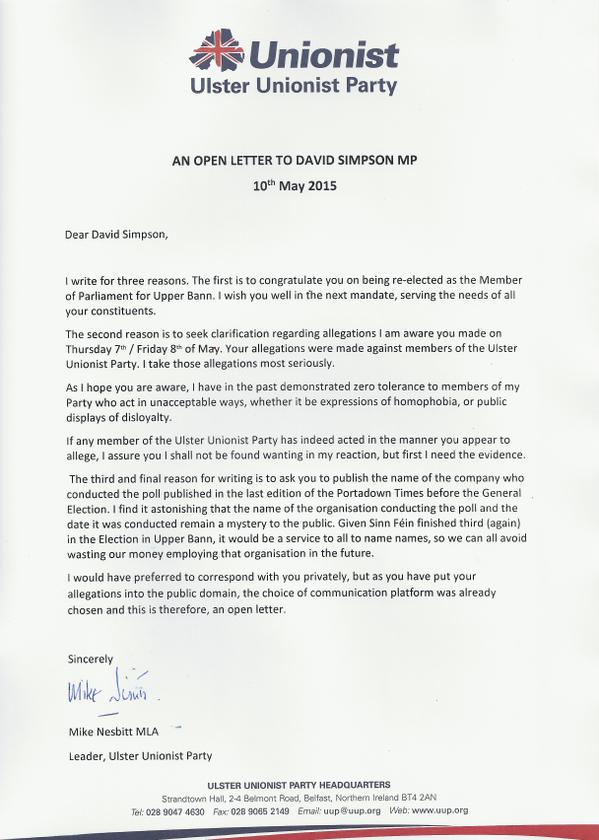 Mike Nesbitt letter