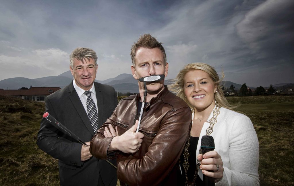 Dundrum comedian Patrick Kielty is up to his tricks again at the launch of the Irish Open Fringe festival in Newcastle. Included are Tourism NI Events Manager Eddie Rowan and Newry Mourne and Down Chairperson Cllr Naomi Bailie.  