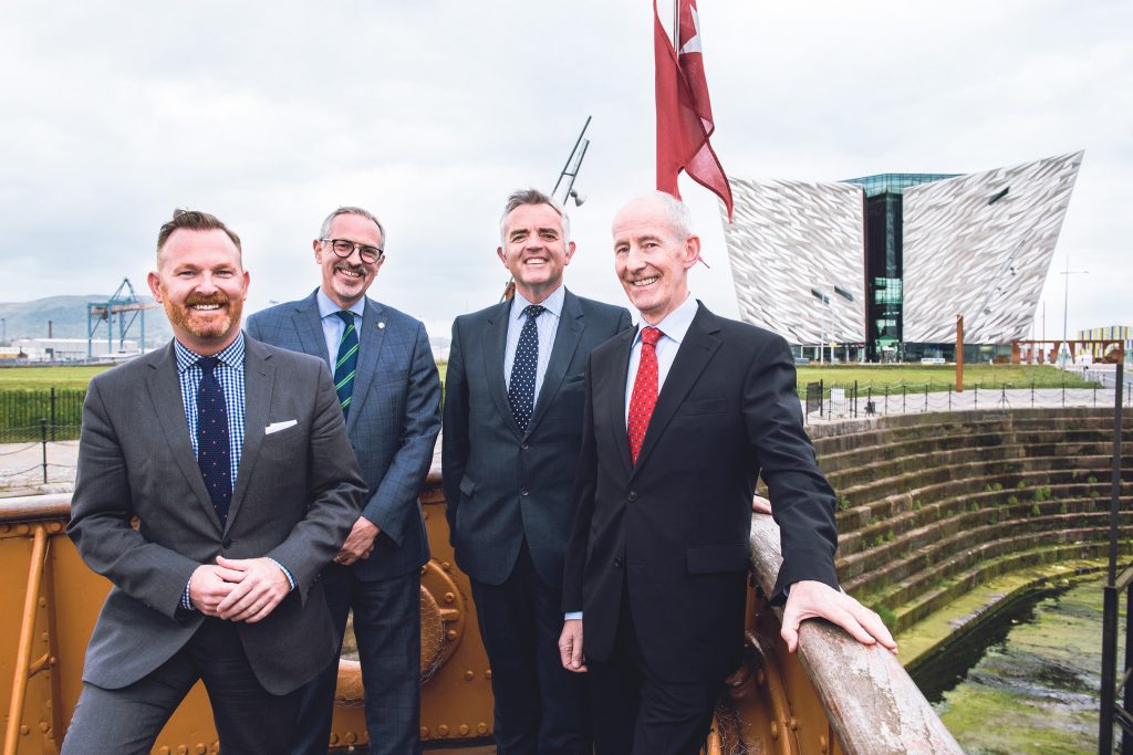 Titanic Belfast’s Deputy Chairman, Conal Harvey, Chief Executive, Tim Husbands and Enterprise, Trade and Investment Minister Jonathan Bell are pictured welcoming Bernard Donoghue (The Association of Leading Visitor Attractions’ Director) on SS Nomadic as it hosted ALVA’s best attended council meeting, since its formation 25 years ago. 