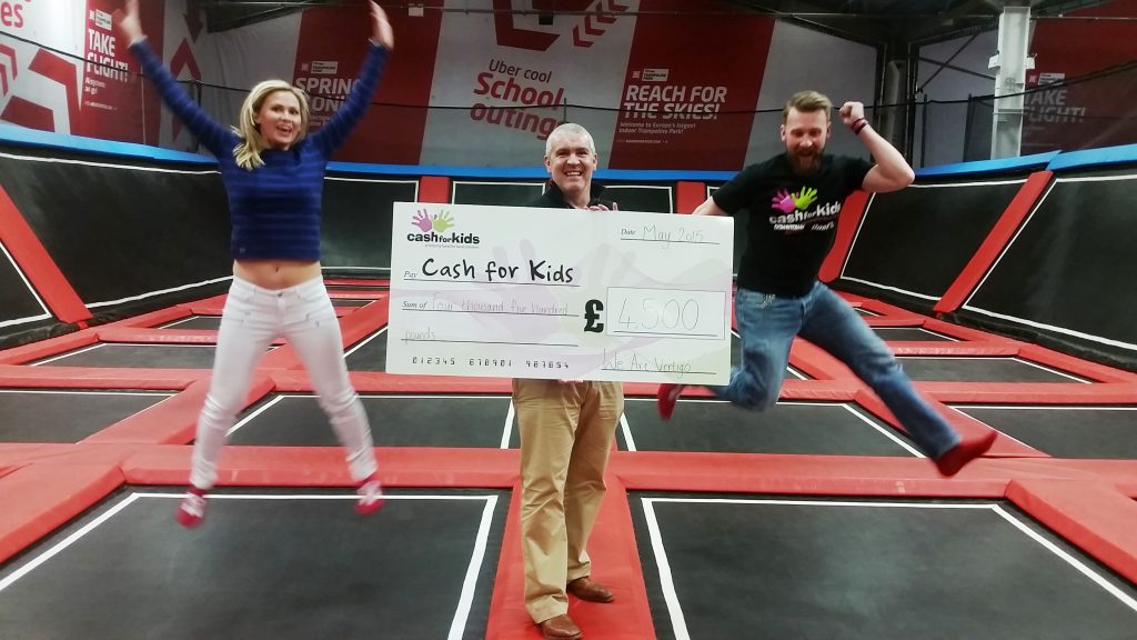 JUMPING FOR JOY… Gareth and Lorna Murphy from We Are Vertigo, Northern Ireland’s first trampoline park, join Darren Fowler from Cash for Kids to handover a £4.5k donation as part of the charity’s recent Superhero Day.  This year Cash for Kids is supporting Mencap Northern Ireland and the money donated by We Are Vertigo will be used to purchase a specially designed trampoline for Segal House in Newtownbreda for children with disabilities and their families.  Segal House Nursery provides the space and resources needed to encourage the development and independence of children and young people with a severe learning disability. It also provides local families with the emotional and practical support they need.