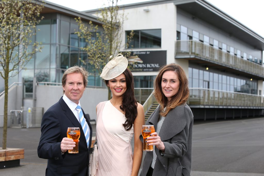 Pictured toasting the renewal of a three-year pouring rights deal are (l-r) Mike Todd, General Manager of Down Royal Racecourse; socialite Rebekah Shirley; and Eimhear Daly, Magners Brand Manager for Tennent’s NI. 