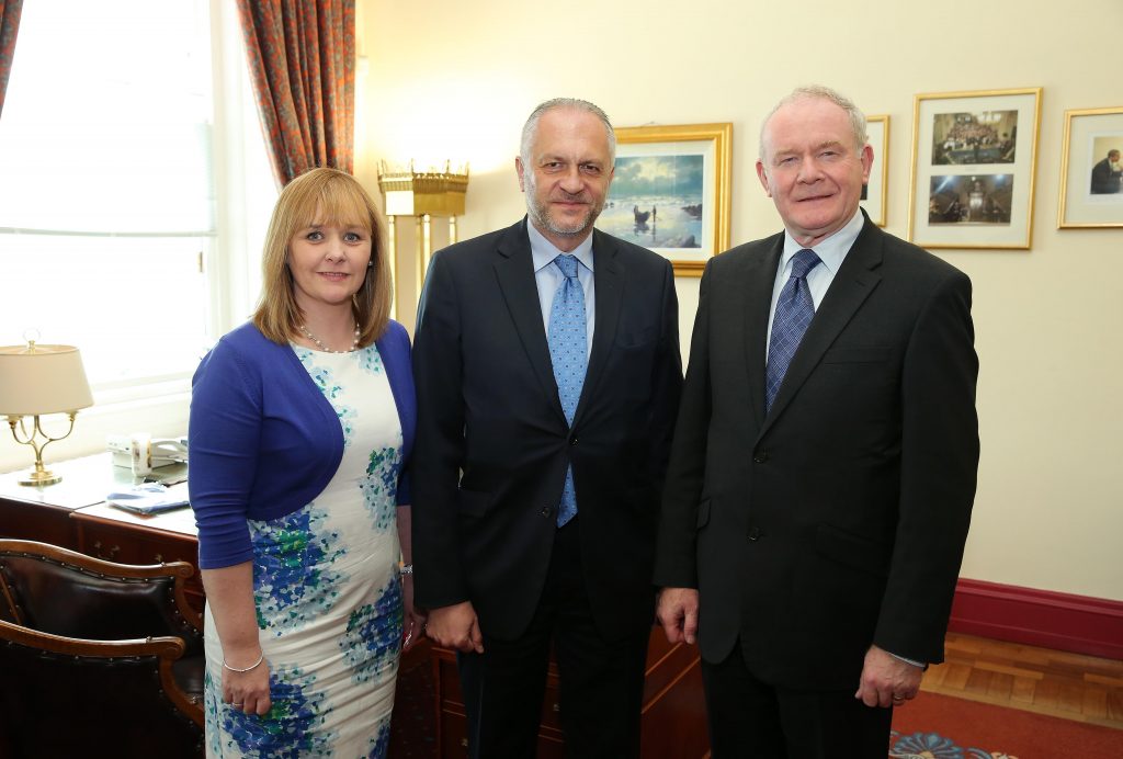 The deputy First Minister Martin McGuinness MLA and Junior Minister Michelle McIlveen MLA are pictured today meeting with His Excellency, Witold Sobków the Polish Ambassador to the UK at Parliament Buildings, Stormont. Picture by Kelvin Boyes / Press Eye.