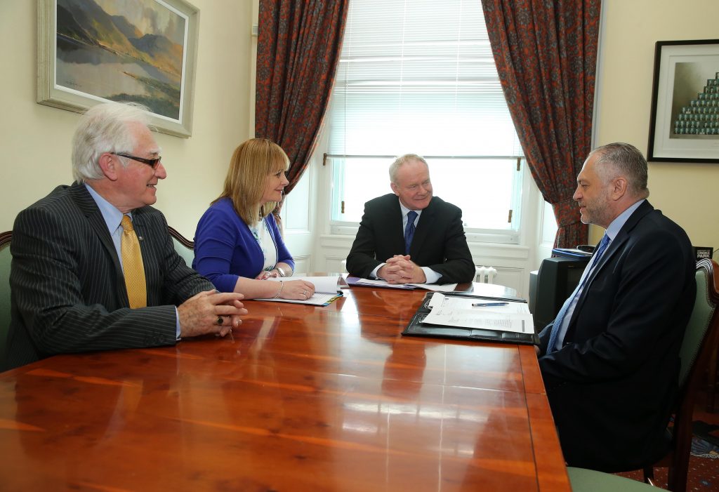 The deputy First Minister Martin McGuinness MLA and Junior Minister Michelle McIlveen MLA are pictured today meeting with His Excellency, Witold Sobkw the Polish Ambassador to the UK at Parliament Buildings, Stormont. Also pictured is Jerome Mullen, left, Honorary Consul of Poland. Picture by Kelvin Boyes / Press Eye.