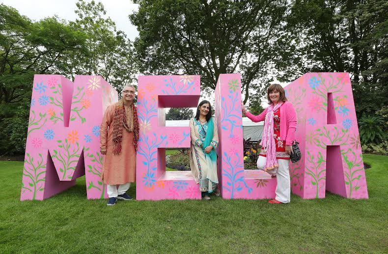 Junior Minister Jennifer McCann joins thousands of people celebrating this years Mela in Botanic Gardens. Organised by Arts Ekta, the Mela is the annual, and arguably the biggest, intercultural festival in Belfast with food, music, dance and arts from across the globe.Also pictured is Nisha Tandon and Mukesh Sharma from Arts Ekta. Picture by Kelvin Boyes / Press Eye .
