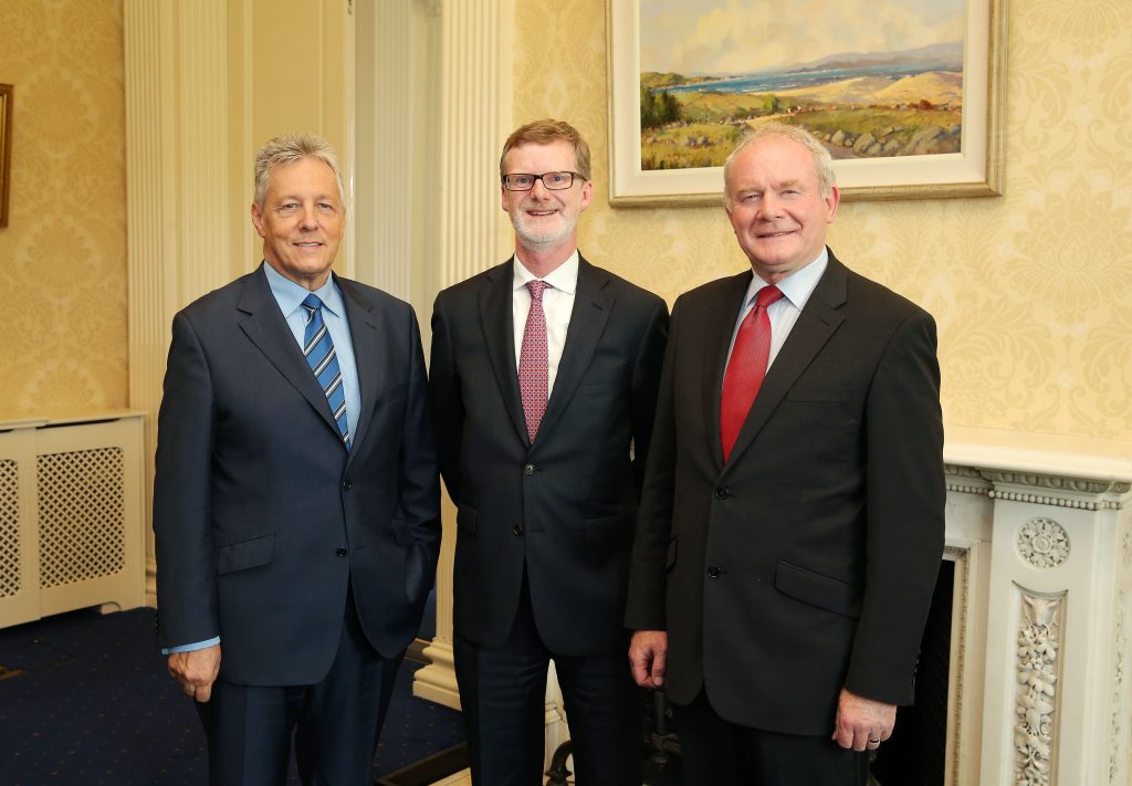 Peter Robinson, and  Martin McGuinness have met with Daniel Lawton the new U.S. Consul General to Northern Ireland at Stormont Castle, Belfast. Picture by Kelvin Boyes / Press Eye.