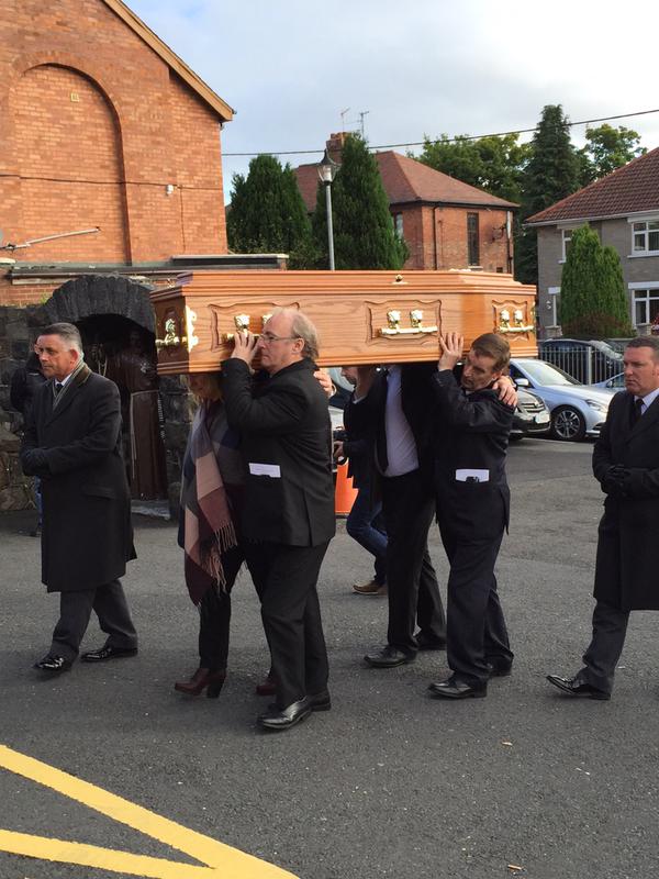 The remains of Seamus Wright carried into St Agnes Church for Requiem Mass today