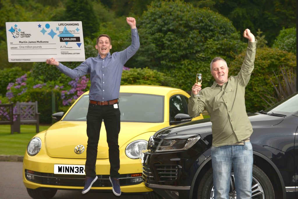 Martin McKenna (35) (green shirt) celebrated a life changing moment with one of his friends, Gerard, after the County Down man scooped a massive £1,000,000 top prize on a National Lottery Millionaire 777 Red Scratchcard, from National Lottery GameStore.  