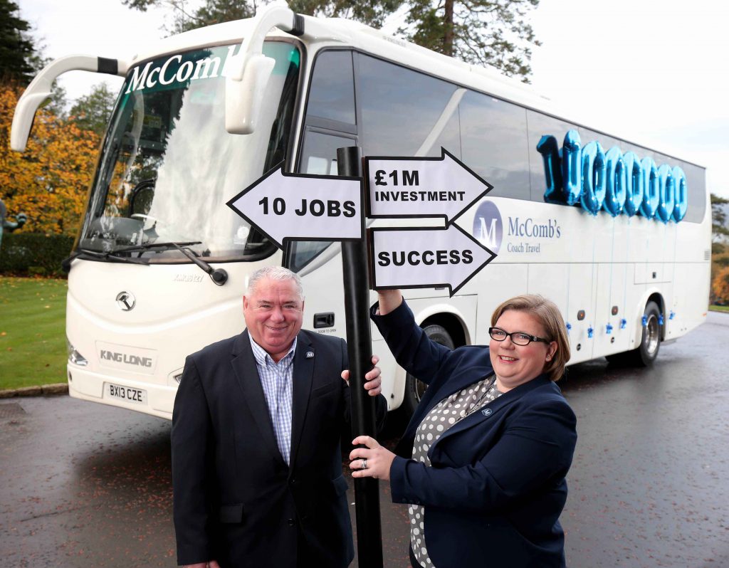 ON THE ROAD TO SUCCESS - Husband and wife team Rodney and Caroline McComb, owners of McCombs Coach Travel, are investing £1m in their business which will help to create 10 new jobs and increase the number of passengers they can carry by 40,000.  Rodney McComb commented: Weve noticed that over the years, as Northern Ireland has grown in confidence as a tourist destination, the numbers of visitors has increased and our business growth reflects that.  Last year, McCombs Coach Travel carried approximately 130,000 passengers - 60,000 of them visited the Giants Causeway, 10,000 took a Game of Thrones tour and their current Kildare Village shopping trip has proved so popular they have had to increase the number of coaches to meet the demand.  Rodney continued:  Its our 20th year in business next year and we have some very exciting plans aimed at the local market including new tours and some major business developments and thats where our focus is right now.  