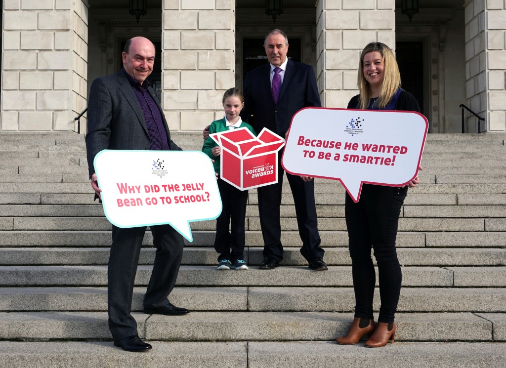 Caption: Schools Joke telling contest: Launching the Royal College of Speech and Language Therapists (RCSLT) 2016 Voice Box Awards are Fergus Cooper, CEO Save the Children; former finalist Aiobh Cahalane; Speaker of the Northern Ireland Assembly, Mitchel McLaughlin MLA and Vivienne Fitzroy, RCSLT Northern Ireland Policy Officer.