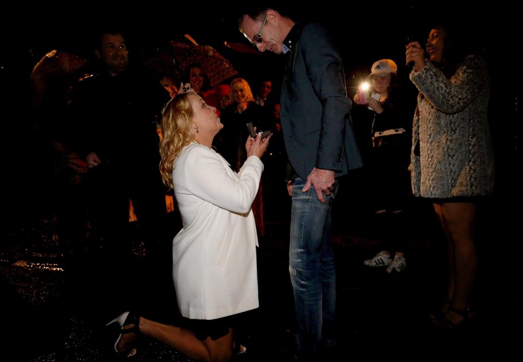 LEAP TO IT! Maureen McGarrity (46) proposed to Malachy Houston at the gates of Belfast Castle where the pair met over three decades ago and he said yes! Maureen was the winner of a Tourism NI competition which aimed to find a Northern Ireland inspired Leap Day proposal. Tradition dictates that on Leap Day, February 29, women can get down on bended knee and propose marriage to their partners. Tourism NI including Belfast Castle and McCombs Coach Travel joined forces to make it the perfect proposal. Following the events of the evening an elated Maureen said: Malachy and I are on cloud nine and we want to thank everyone who made this all possible including Tourism NI, McCombs Coach Travel, Belfast Castle, and our friends and family. Malachy is the most thoughtful and caring man I know and I wanted to do something special for him to show how much I appreciate and love him. I think I managed all of that and more.