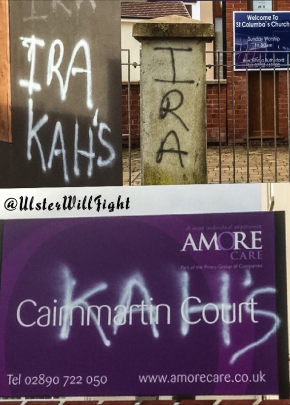 The sectarian 'IRA graffiti daubed on church and care home in west Belfast