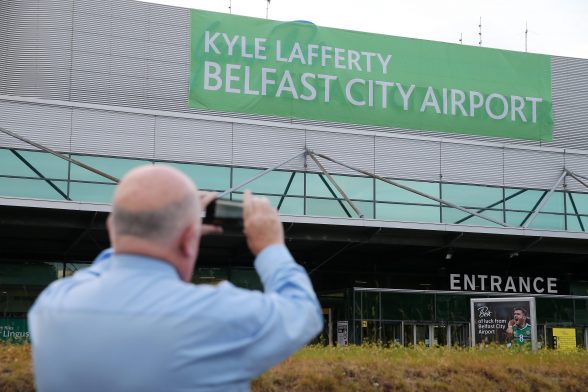 George Best Belfast City Airport displays its support for Northern Ireland at the Euros by changing its name for the day in honour of the team’s star striker Kyle Lafferty. Photo by Kelvin Boyes / Press Eye
