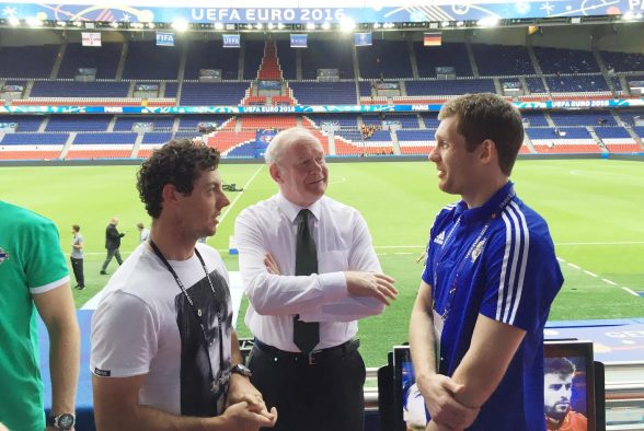 Deputy First Minister Martin McGuinness and Rory McIlroy pictured with goal keeper Michael McGovern after they watched Northern Ireland against Germany during Tuesday evenings final Euro 2016 group game at the Parc des Princes, Paris. Photo by William Cherry / Press Eye