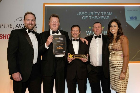 CASTLECOURT AND MERCURY SECURITY WIN TOP UK AWARD: NORTHERN Ireland shopping centre CastleCourt and local win top UK award. Pictured at the awards are (l-r) Award Sponsor Centre Security Innovations Ian Bowie, Castle Court Centre Manager Stewart McConnell, Castle Court Security Manager Paul Nicholl, Mercury Security Training Manager Garry Suddaby and Awards Presenter Anita Rani.