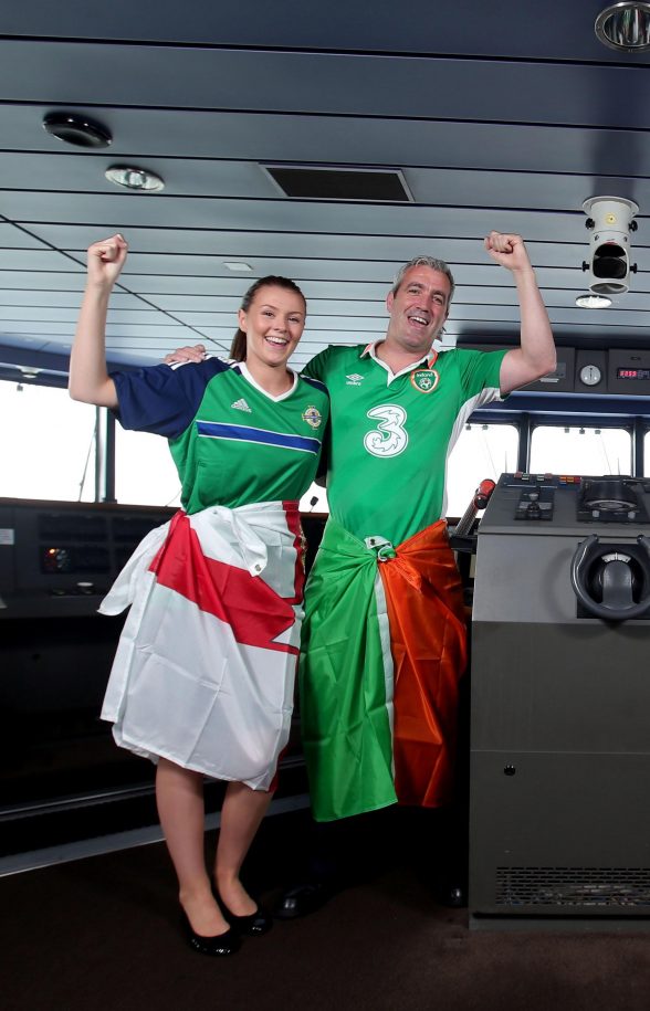 SAIL TO EURO GLORY!!!: Stena Line’s Molly Beattie from Belfast and Brendan Meagher from Tipperary will be cheering on their beloved Northern Ireland and Republic of Ireland football teams in this year’s UEFA Euro 2016 Championship. 