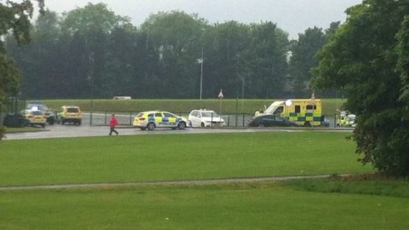 The scene of the lightning strike in Lisburn this afternoon where a father wen to collect his children