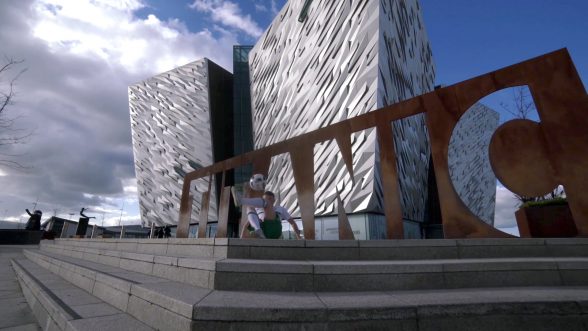 With kick-off to the European Championship nearly upon us, Tourism Ireland today launched its Euro 2016 campaign, to capitalise on the tourism potential of the tournament. PIC SHOWS: Freestyle footballer Jamie Knight in action outside Titanic Belfast. Pic – Tourism Ireland