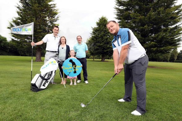 Pictured getting ready for the event at Fortwilliam Golf Club are (L-R) Stephen Knox, Leona Knox, Isobella Knox, Andrew Hollywood of GolfNow and snooker player Mark Allen. Teams can register by emailing oscarknoxcup@gmail.com but places are limited so people will need to be quick to avoid disappointment.