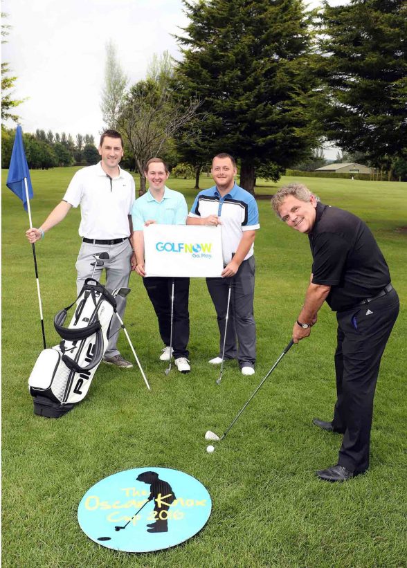 Pictured getting ready for the event at Fortwilliam Golf Club are (L-R) Stephen Knox, Andrew Hollywood of GolfNow, snooker player Mark Allen and sports commentator Adrian Logan. 