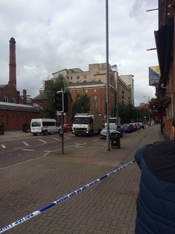 Army bomb squad leaving Royal Avenue to head back to base at Palace Barracks in Holywood after dealing with hoax device this morning