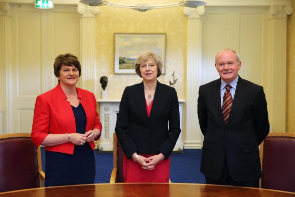 Prime Minister Theresa May is pictured with First Minister Arlene Foster, deputy First Minister Martin McGuinness at Stormont Castle, Belfast. PIC: KELVIN BOYLES/PRESS EYE Photo by Kelvin Boyes / Press Eye