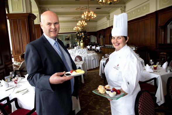 Hazel Magill, Head Chef at Slieve Donard Resort and Spa celebrates with Richard McDowell of Farmview Dairies as Hastings Hotels have joined forces with the leading dairy company to create Northern Irelands first ever clotted cream. 