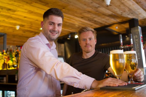 Manager of Cuckoo James O’Donnell joins Beannchor Group’s Conall Wosley to celebrate the launch of the newly renovated Lisburn Road bar which has reopened its doors to the public following a £450,000 refurbishment.
