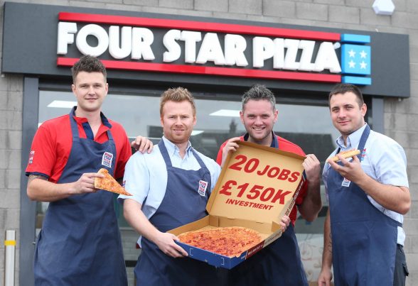 Darren Colgan (second left), owner of the new Bangor Four Star Pizza store, is joined by some of his team to celebrate the opening of the store which also has a sit-in area. The store officially opened its doors at Unit 3, 81 Gransha Road (BP station complex), on October 11, as part of a £150,000 investment which will create 20 jobs in the area. Darren now owns three stores  Armagh, Newry and Bangor - and over the past 12 years, he and his team have delivered no fewer than 374,000 fresh pizzas, used 32 tonnes of flour, 16 tonnes of cheese and 5 tonnes of pepperoni. Get in touch with Four Star Pizza Bangor by calling 028 9185 9777, visit their website, www.fourstarpizza.co.uk, download the Four Star Pizza app or visit their Facebook page, www.facebook.com/Four-Star-Pizza-Bangor-1251888334821181, or alternatively, visit the store on Gransha Road, Bangor.