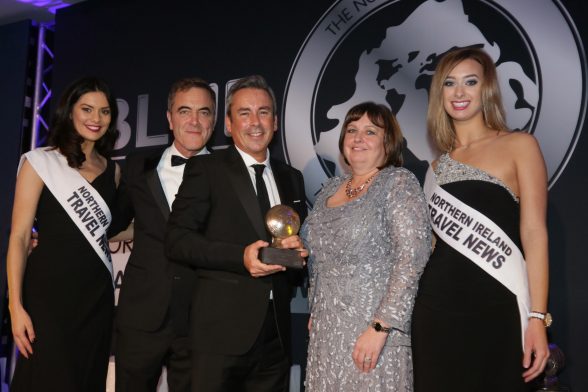 Paul Grant, Route Manager Irish Sea North for Stena Line (centre), collected the award on the night, and is pictured here with (L-R): Zara Shaw, Awards presenter James Nesbitt, Julie Hastings of category sponsor Hastings Hotels, and Sara Moore.