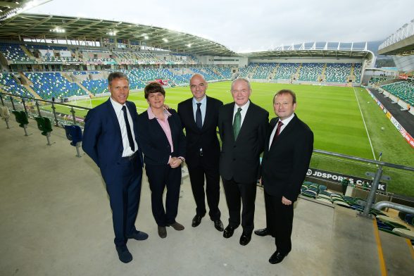 First Minister Arlene Foster and Deputy First Minister Martin McGuinness are pictured with Marco Van Basten, FIFA President, Gianni Infantino and Irish FA President, David Martin before the official opening ceremony. Photo by Kelvin Boyes / Press Eye